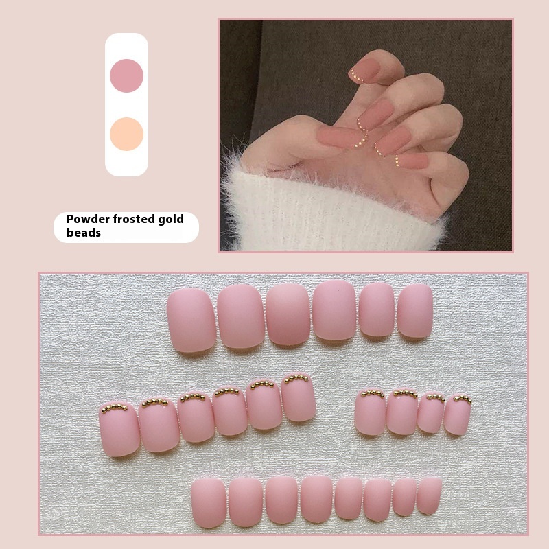 Youduo Nail Art Finished Product False Nails Short Frosted Gold Beads Wearable Detachable Nail Art Girl Nail Stickers