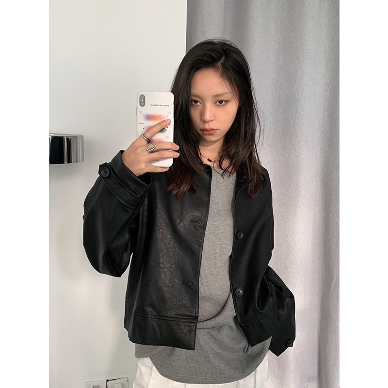 L O O P I N Korean Autumn P U Leather Jacket Single Breasted Short Long Sleeve Windproof B F Wind Lapel Short Jacket For Women