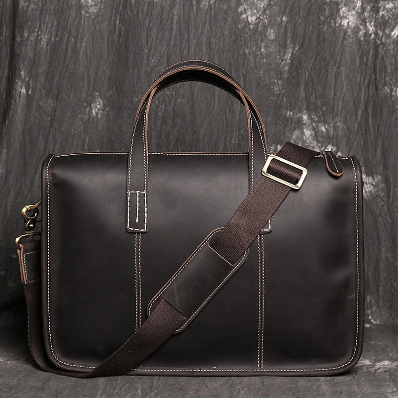 British Retro Men's Handbag Crazy Horse Leather Briefcase Large Capacity Genuine Leather Shoulder Crossbody Computer Bag
