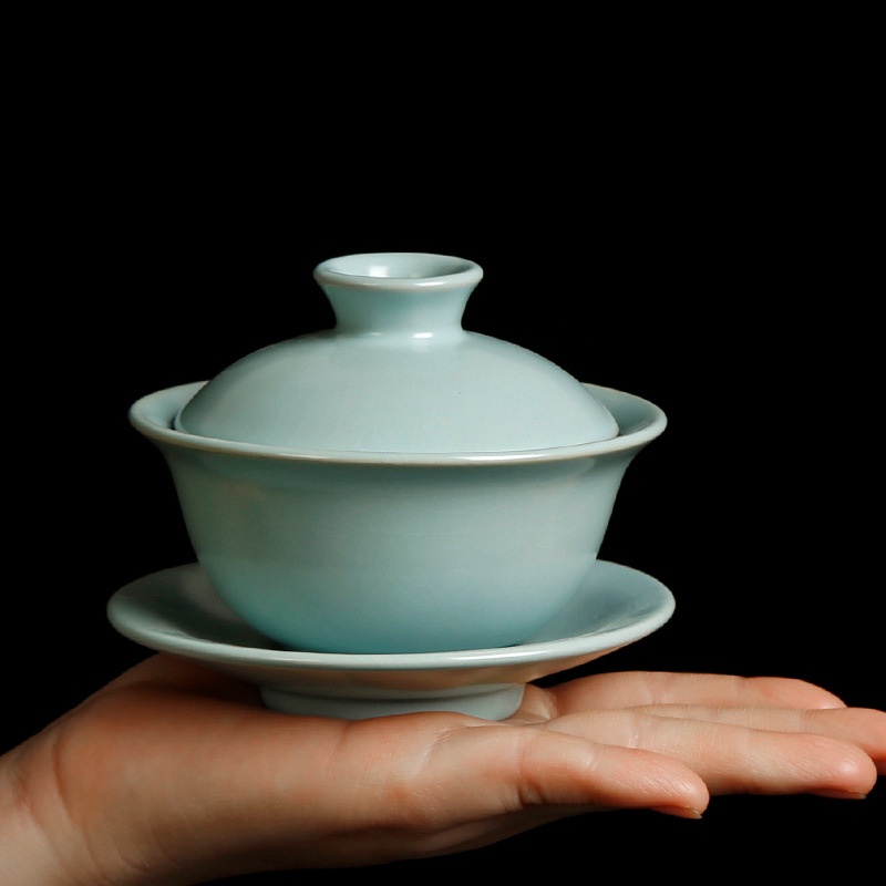 Ru Kiln Heaven And Earth Three-talent Covered Bowl Tea Cup Single Sky Blue Pure Handmade Tea Bowl Chinese Bowl Cover Tea Set Tea Bowl