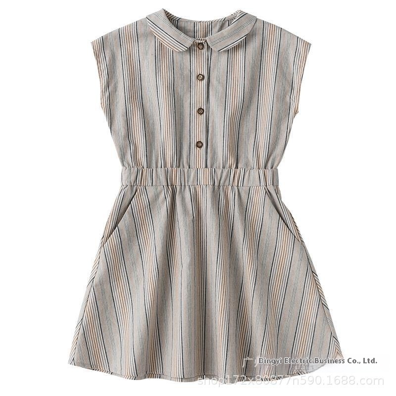 Children's Clothing Summer Products Girls Children's Pure Cotton Temperament Waist Sleeveless Shirt Striped Dress Western Style
