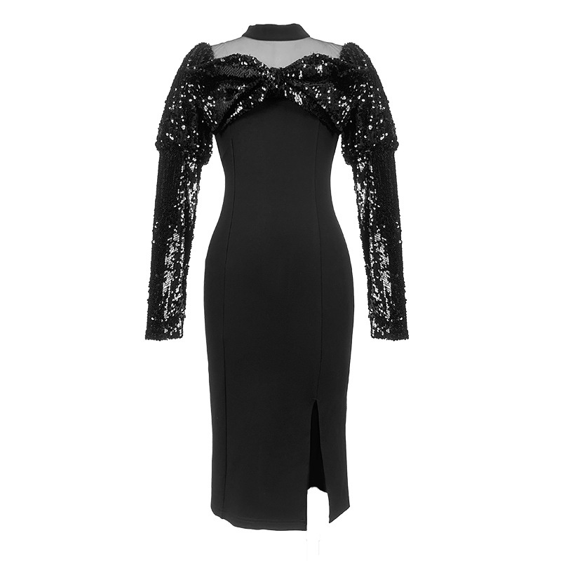 Dress Skirt Autumn Women's Vietnamese Sexy Mesh Splicing Sequ Bow Slim Slit Dress5224
