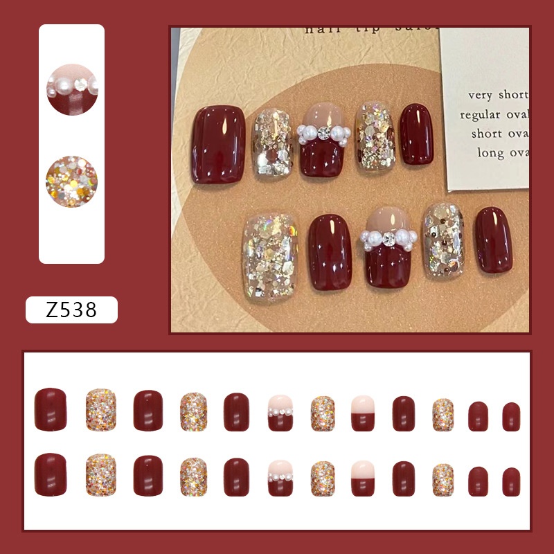 Burgundy Sparkling Fragments, Wearable Nails, Festive Atmosphere, Year's Style Nail Art, Bridal Style Fake Nails Nails