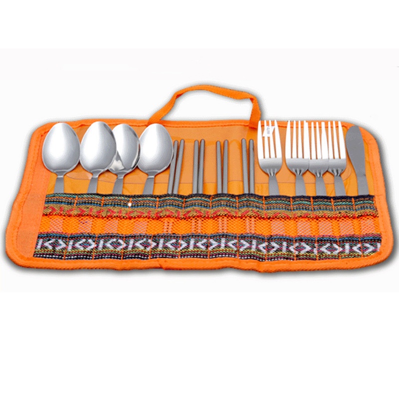 Stainless Steel Tableware Set Outdoor Camping4-person Knife, Fork, Spoon, Chopsticks, Picnic Barbecue Supplies Storage Bag Storage Bag