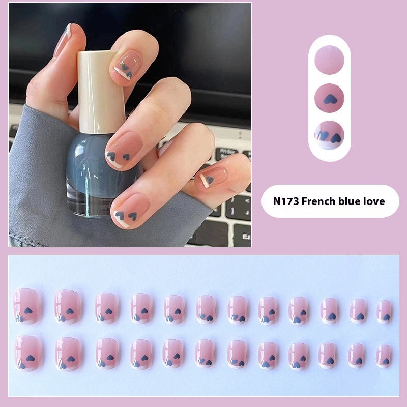 Sweet And Cool Hot Girl Wears Blue Heart French Short False Nails Girl Versatile Nail Art Finished Patch
