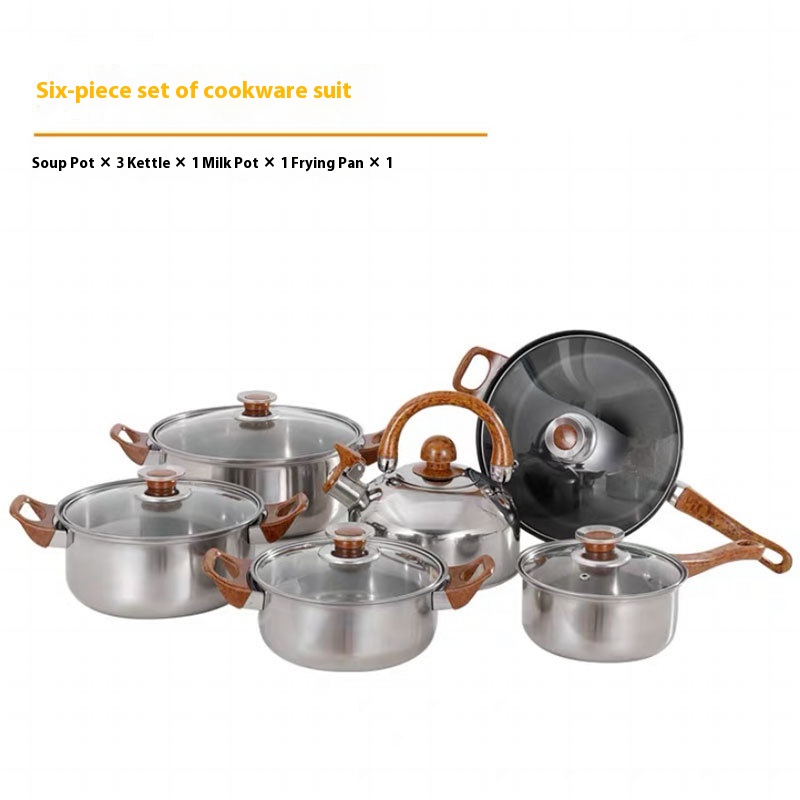 Stainless Steel Soup Pot6-piece Set Frying Pan Kitchen Supplies High-end Gift Pot Set Milk Pot Frying Pan With Color Box
