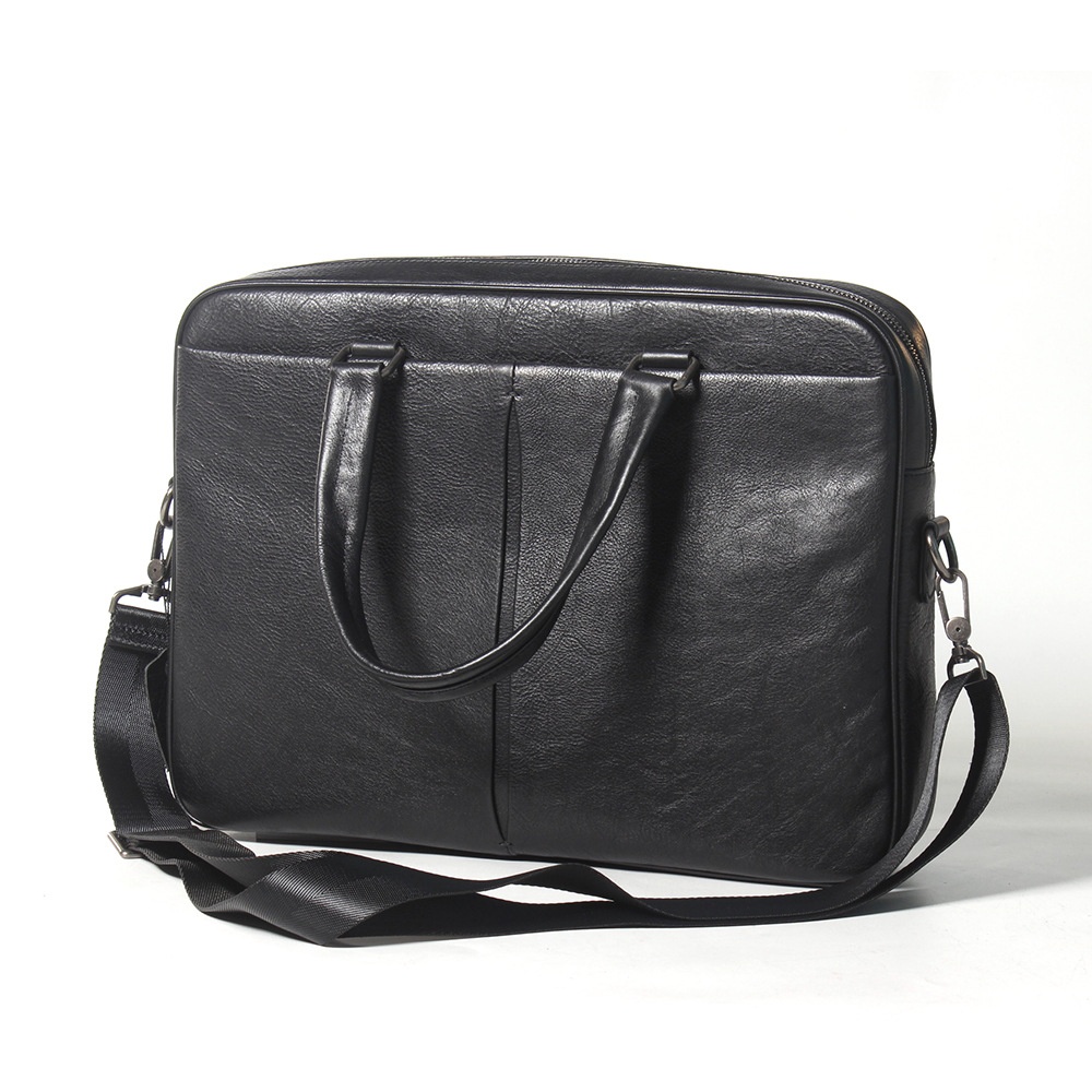 Men's Genuine Leather Casual Laptop Bag Crossbody Shoulder Bag Black Tree Paste Vegetable Tanned Leather Briefcase