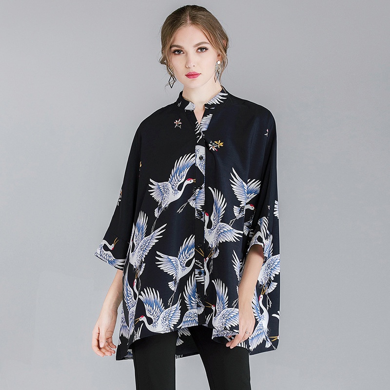 Fat Mm Plus Size Women's Clothing Spring Tops For Women Crane Print Loose200 Pounds Plus Size Shirts For Women