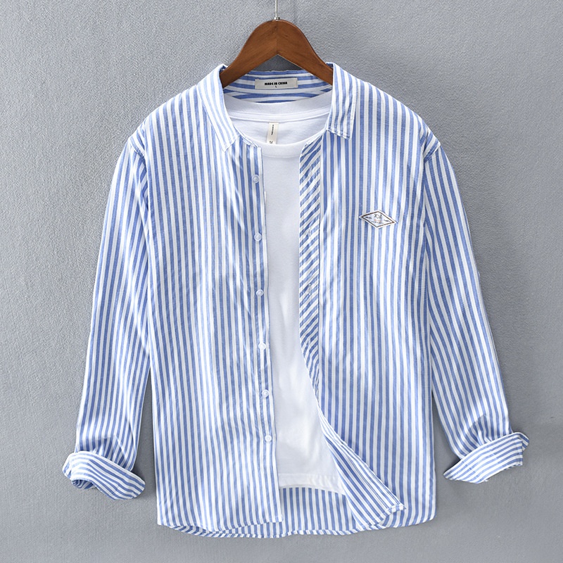 Spring Casual Striped Long-sleeved Men's Shirt Drop Shipping T217