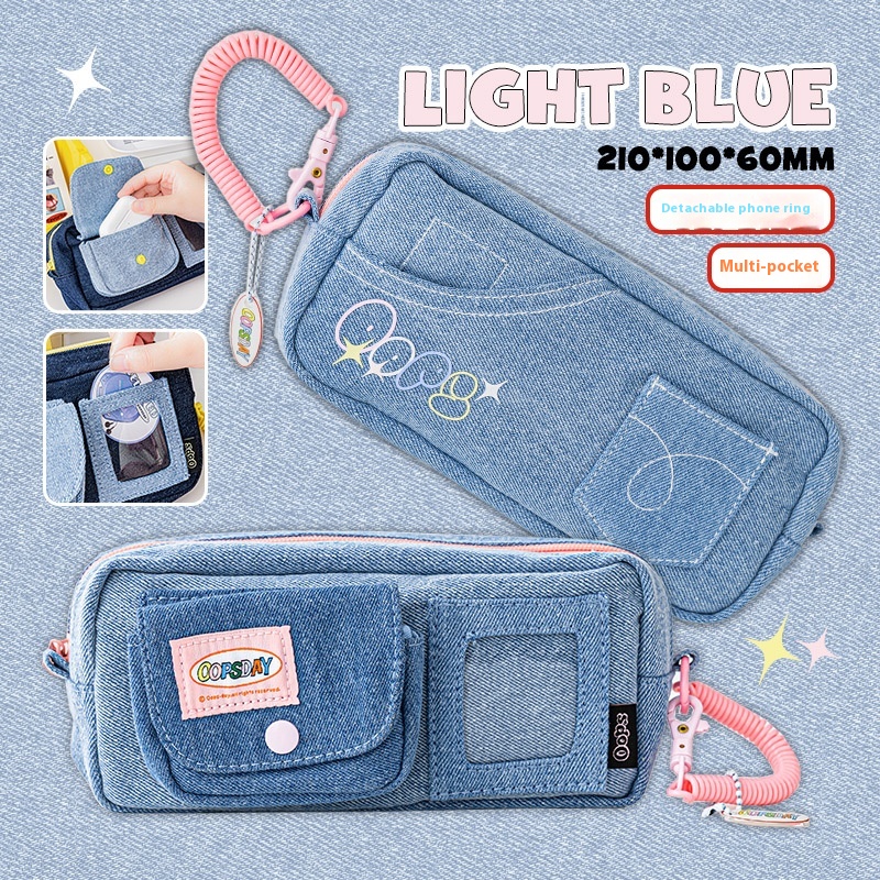 Oops-day Denim Pencil Bag American Retro Stationery Bag For Junior High School Students Large Capacity Niche Contrasting Color Pencil Bag