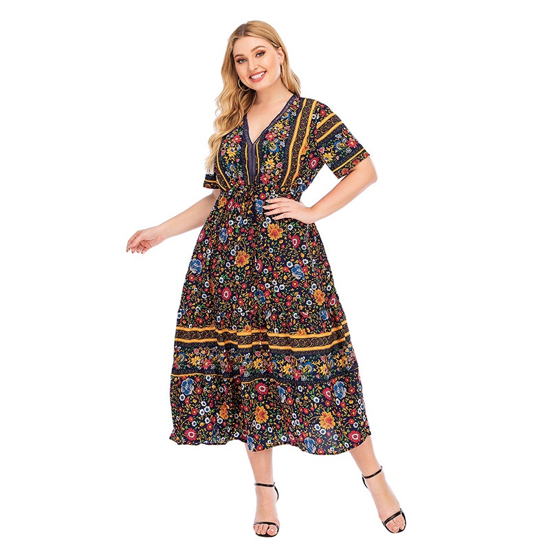 USMiddle East Retro Women's Large Size Floral Dress200 Catties Can Wear