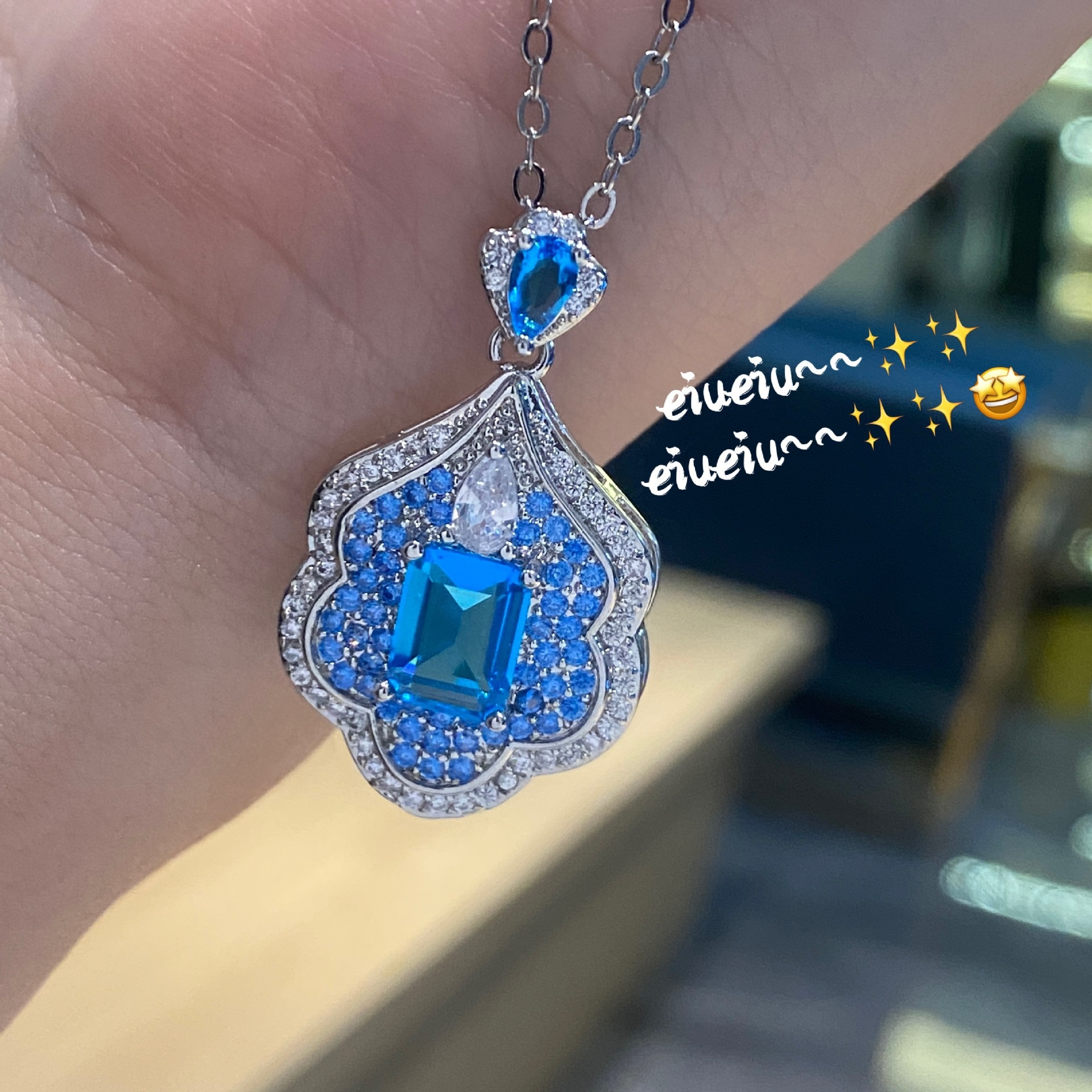 Fashion European And American Style Sky Realm Aquamarine Necklace Luxury Elegant High-grade Inlaid Diamond Pendant