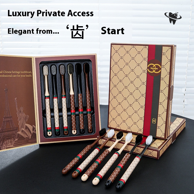 6-Piece Gift Box Printed Handle Soft-Bristle Toothbrush Chinese Culture Accessible Luxury Adult Home Gum Protection Cleaning Family Toothbrush