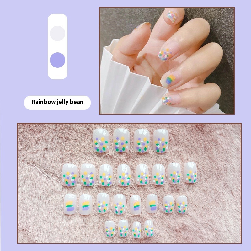 Rainbow Polka Dot Nail Art Finished False Nails24 Pieces For Girls To Wear And Remove Nail Stickers Press