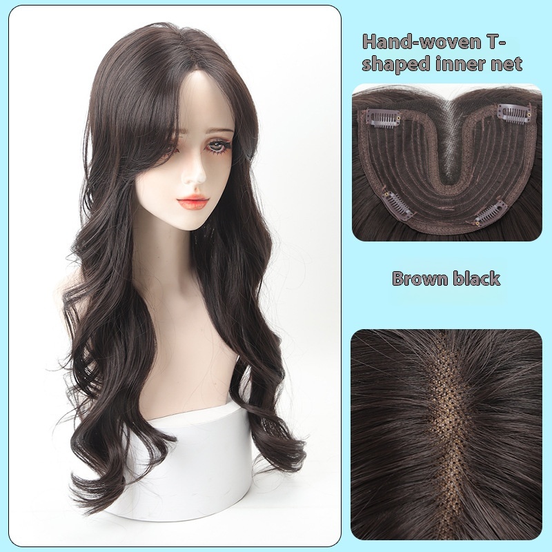 Wig T-shaped Hand-woven Lace Net With Eight-character Bangs And Large Waves For Natural Fluffy High Cranial Top For Replacement
