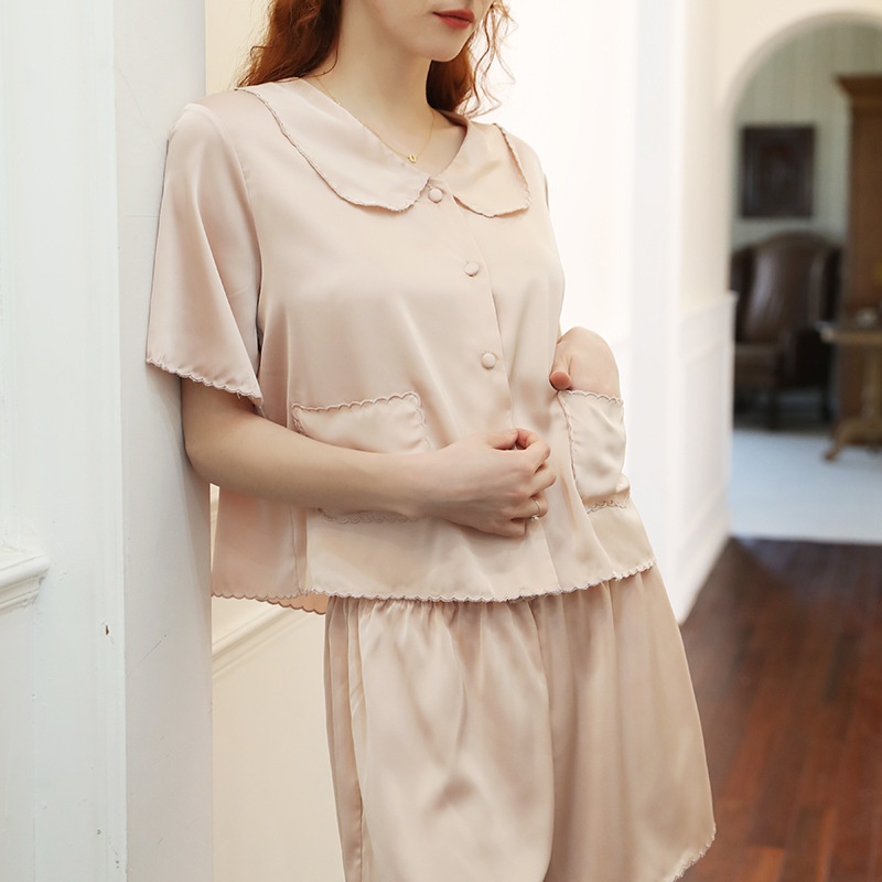 French Ice Silk Pajamas Spring And Summer Women's Style High-end Solid Color Short-sleeved Home Clothes Suit