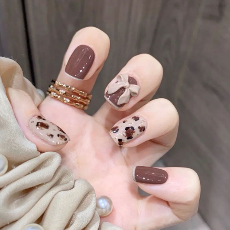 Wearable Nail Art Leopard Print Bowknot Net Red Nail Patch Detachable Nail Art Finished Nail Nail